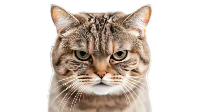 A cat looking grumpy with ears slightly tilted back on a transparent background