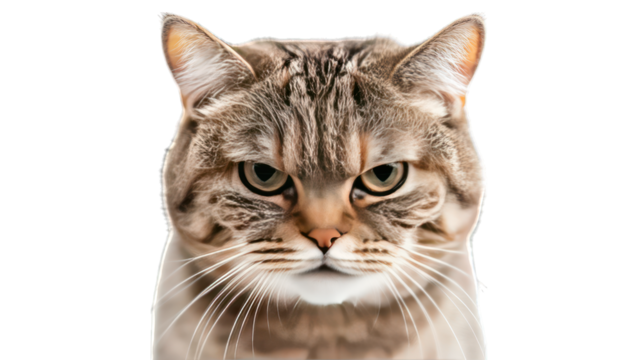 A cat looking grumpy with ears slightly tilted back on a transparent background