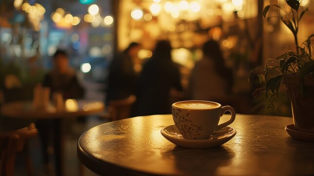 106.A cozy moment captured in a coffee shop, where a coffee cup sits on a table with a blurred background of other customers and a soft, ambient atmosphere, ideal for rest and enjoyment.
