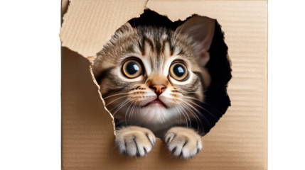 A cat peeking through a hole in a box on a transparent background