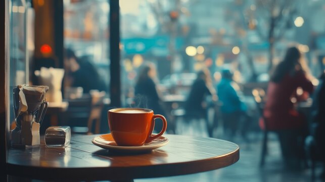 108.A soothing image of a coffee cup on a table, surrounded by the peaceful hum of a coffee shop, with blurred backgrounds of people enjoying their own quiet moments, creating a sense of calm and