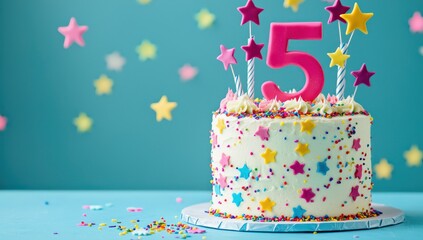 Birthday cake with number 5, stars, blue, space for text.
