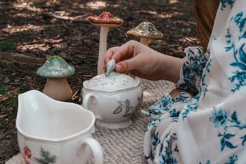 Floral Tea Set for a  Spring Tea Party with Mushrooms