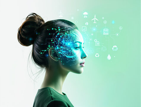 Woman with futuristic digital interface on face, glowing tech elements, eco-friendly icons, and digital connections on a green background. Ai generative