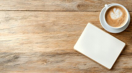 Notebook and Coffee on Wooden Table for Writing Ideas and Plans