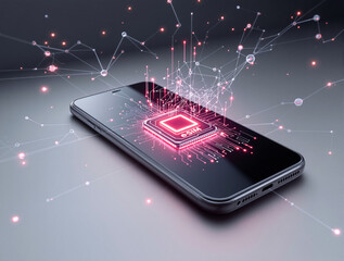 Modern smartphone with glowing eSIM chip and abstract digital connections on a dark background. Concept of future tech, wireless communication. Ai generative
