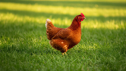 Fototapeta premium Free-Range Chicken Walking on Green Grass in a Sunlit Farm