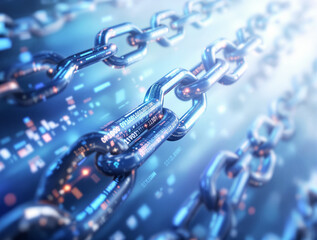 Metallic chains with digital data flow in a futuristic tech-inspired background, symbolizing blockchain security and decentralized networks. Ai generative