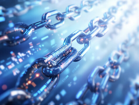 Metallic chains with digital data flow in a futuristic tech-inspired background, symbolizing blockchain security and decentralized networks. Ai generative