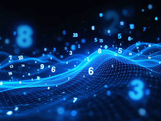 Abstract digital wave with floating numbers in blue glowing light on a dark background. Concept of technology, big data, and future analytics. Ai generative