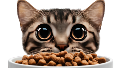 A cat with big round eyes staring at food on a transparent background