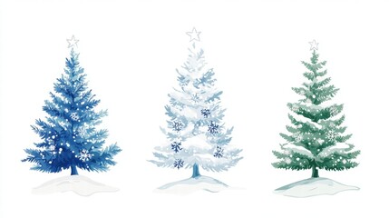 Snowy Christmas Trees  Blue  White  Green Winter Holiday Illustration