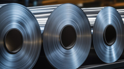 Stacked Rolls of Electrolytic Metal Plate in Warehouse Setting.