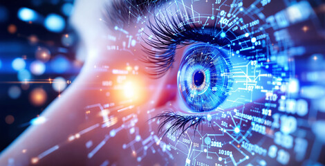 Close-up of a woman's eye with digital futuristic elements, glowing circuits, and binary code, representing advanced technology, AI, and innovation. Ai generative