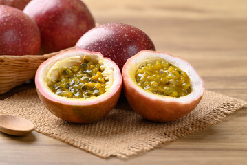Fresh passion fruit on wooden background, Tropical fruit
