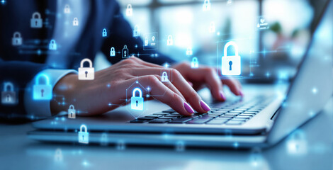 Hands typing on laptop with glowing padlock icons floating around, symbolizing cybersecurity and data protection. Digital background. Ai generative
