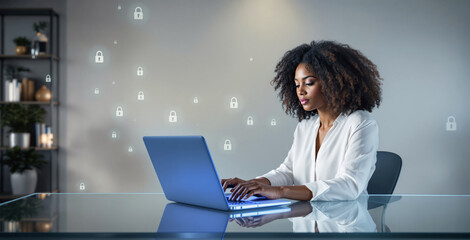 Focused woman using laptop at desk with digital security lock icons floating around, symbolizing cybersecurity and data protection. Ai generative