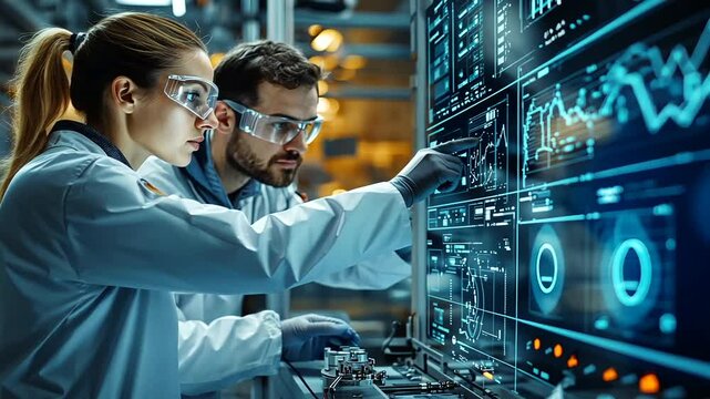Scientists analyzing data on digital screens in a high-tech laboratory environment