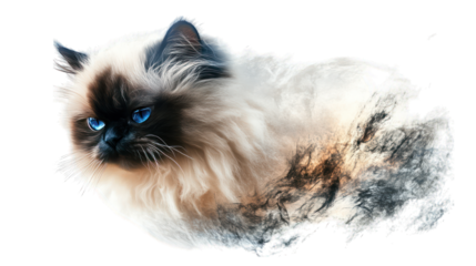 A fluffy Himalayan cat with deep blue eyes on a transparent background