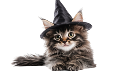 A fluffy kitten wearing a tiny wizard hat on a transparent background