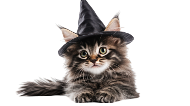 A fluffy kitten wearing a tiny wizard hat on a transparent background