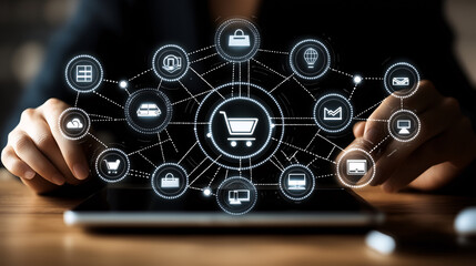 businessman hand using mobile payments online shopping, business strategy icons interface virtual screen 