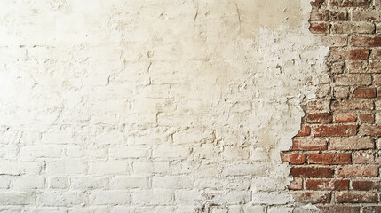 An old stucco wall with half of the surface revealing rustic red bricks underneath. The plaster has a worn-out texture, with cracks and chipped edges blending seamlessly into the exposed bricks.