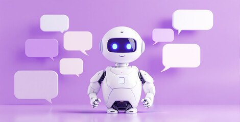 Cute AI chatbot robot with glowing blue eyes standing among speech bubbles on a purple background. Concept of artificial intelligence conversation. Ai generative