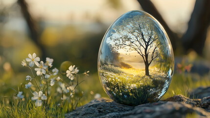 Glass egg, easter postcard, nature