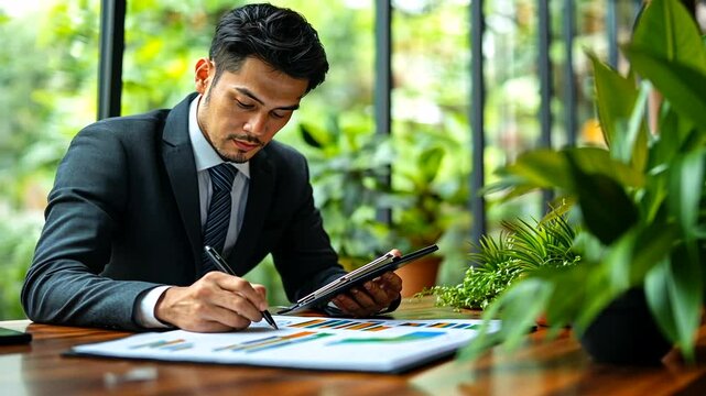 Businessman analyzing financial charts while seated in a lush indoor garden workspace