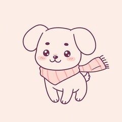 Fototapeta premium Cute cartoon puppy wearing a scarf against a light background 