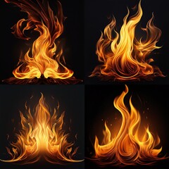 Firefly Collection of images Flame of burning a black background; close-up