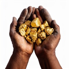 Tiny gold nuggets, several in dirty hands of man in gold mine, close-up isolated on white background.