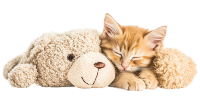 A kitten snuggling with a plush teddy bear on a transparent background