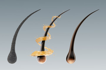 Comparison of damaged hair and healthy hair,  Repair damaged hair concept, Clipping path, 3D rendering.