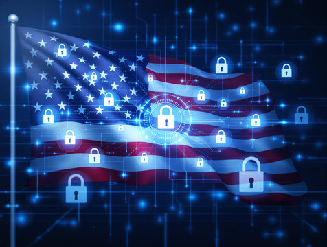 USA flag with digital padlocks and futuristic tech elements on a blue background. Concept of cybersecurity, data protection, and national security. Ai generative