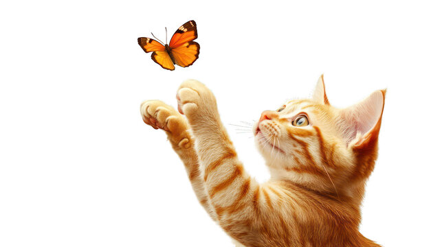 A playful orange tabby cat reaching for a butterfly on a transparent background