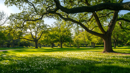 Fototapeta premium Open park field with blooming wildflowers and oak trees in spring