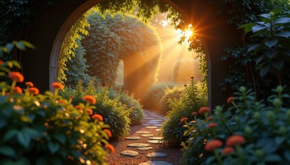 Sunlit Stone Archway Garden Path