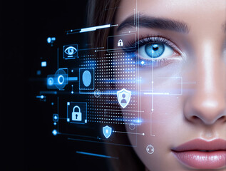 Close-up of a woman's face with a futuristic digital biometric security interface overlay, showcasing technology and innovation concepts. Ai generative