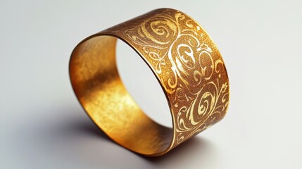 Fototapeta premium A bold cuff bracelet with intricate gold patterns, positioned on a smooth white backdrop.