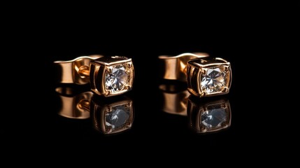 A bold pair of rose gold diamond earrings reflecting light on a dramatic black gradient background.