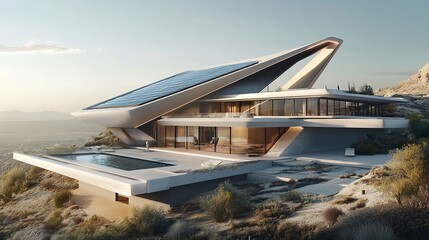 A luxury house with a roof fully equipped with solar panels, highlighting green energy solutions within a sophisticated and modern architectural context. 
