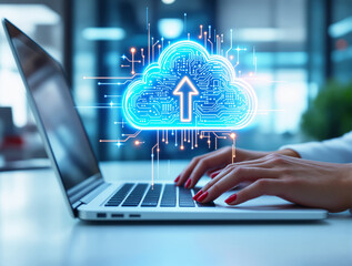 Hands typing on a laptop with a glowing cloud storage icon, symbolizing digital upload and data technology, on a blurred office background. Ai generative