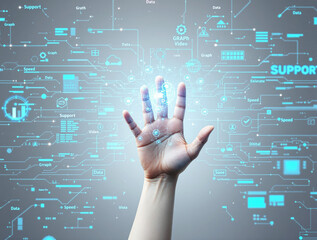 Hand reaching towards a glowing futuristic digital interface with holographic data elements, icons, and tech symbols on a modern background. Ai generative