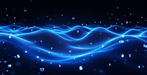 Abstract glowing blue digital wave with floating numbers on a dark background, representing futuristic data flow and technology concepts. Ai generative