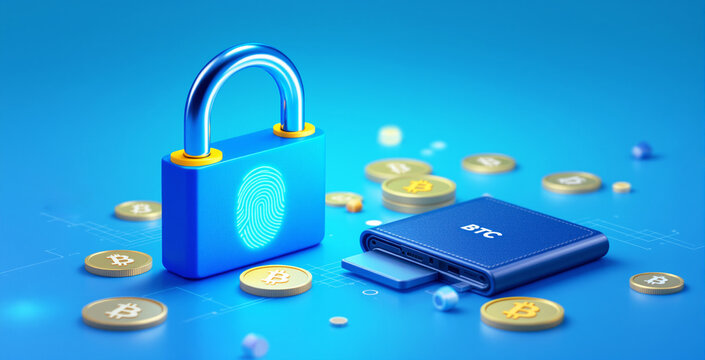 Bitcoin wallet, fingerprint padlock, and cryptocurrency coins on a blue background. Concept of digital security, blockchain, and financial technology. Ai generative - Powered by Adobe