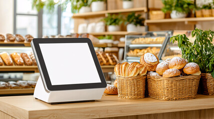 Bakery Display with Pastries and Digital Tablet Point of Sale System Product Presentation