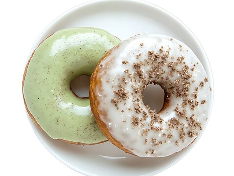 Delicious donuts on a plate: one with chocolate glaze and white icing, another with green matcha glaze, white icing, and matcha powder