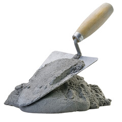 A trowel rests on a pile of wet concrete, symbolizing construction and craftsmanship.